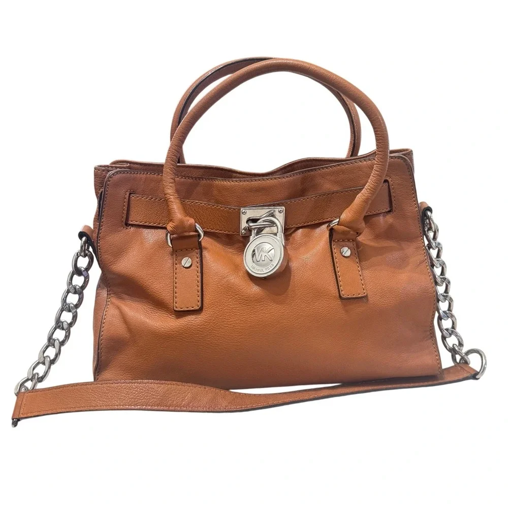 Michael Kors‎ Hamilton Satchel Womens OS Tan Luggage Pebbled Leather Silver - Picture 3 of 14